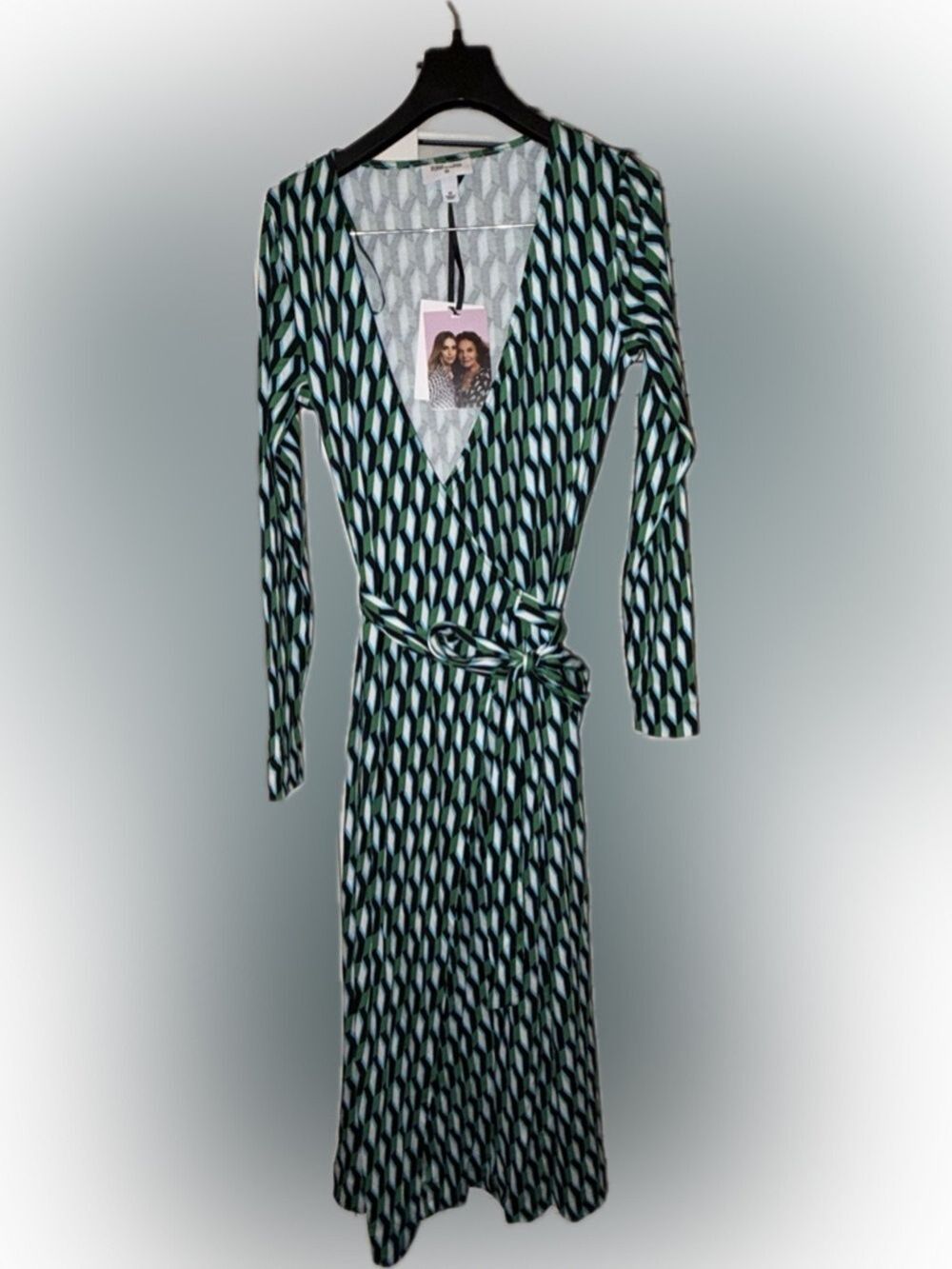 Diane Von Furstenberg Teal, Navy and White Geometric Wrap Dress